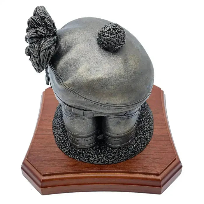 Rear angle of Boots and Tam O'Shanter Statue highlighting the textured Tam O'Shanter cap and boot details. Bronze resin army tribute for home or office.  from  John Bull Clothing
