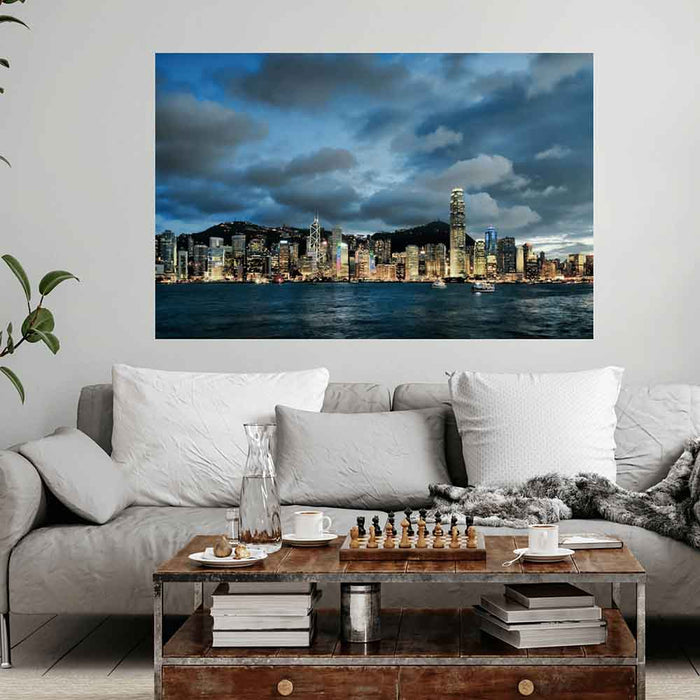 39x60 inch Hong Kong Dusk Poster Displayed Above Sofa