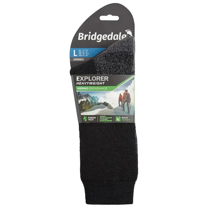 Retail packaging of Bridgedale Explorer Merino Heavyweight Boot Sock - John Bull in black, labeled for unisex use and outdoor performance.  from  John Bull Clothing