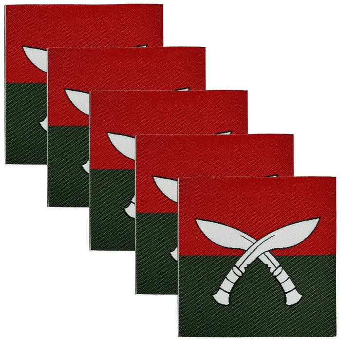 Set of 5 Brigade of Gurkhas Nepal TRF iron on patches with red and green base and crossed kukris, perfect for military apparel customization.  from  John Bull Clothing