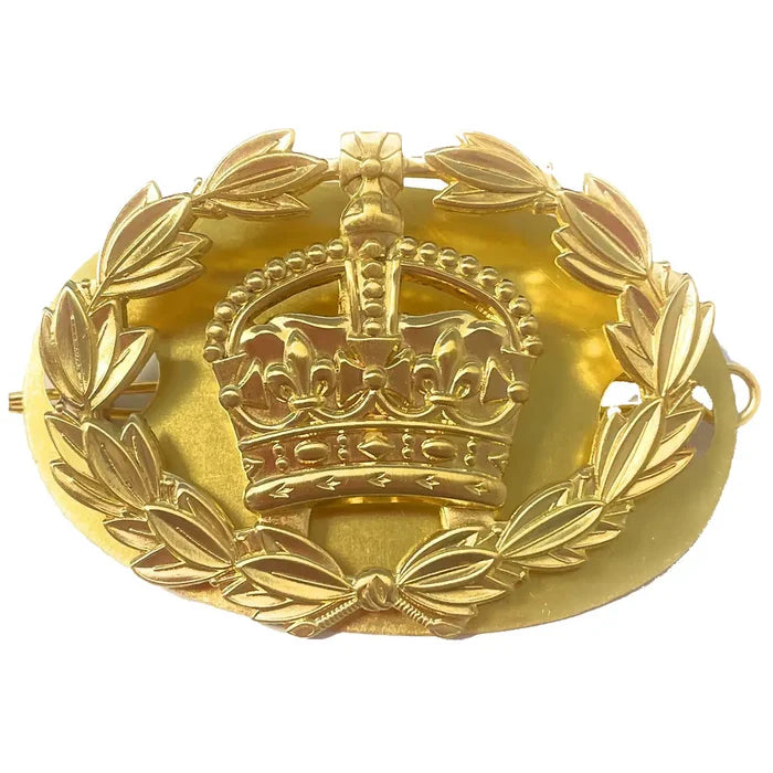 British Army Brass RQMS Crown and Laurel with Backing Plate for leather strap, featuring a detailed crown and laurel wreath design. Brass from  John Bull Clothing