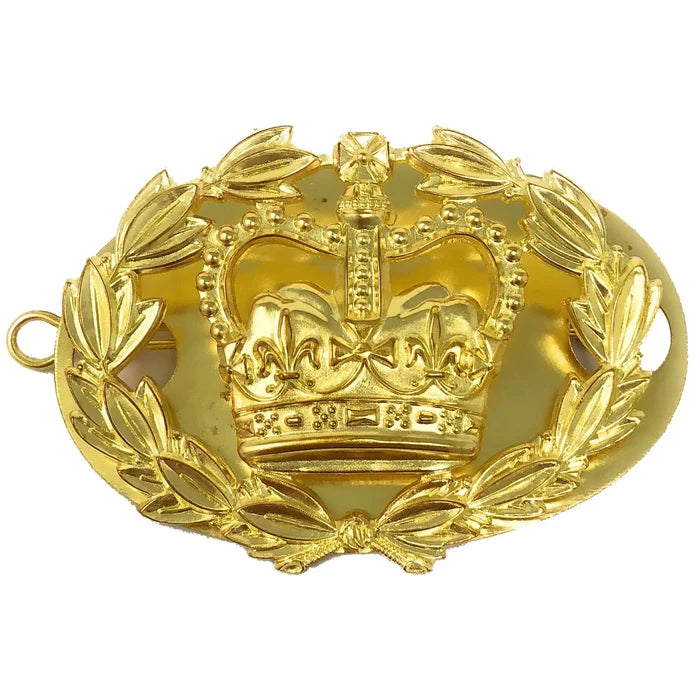 High-quality British Army Brass RQMS Crown insignia with laurel wreath, designed for Regimental Quartermaster Sergeants' uniform accessories. Brass from  John Bull Clothing
