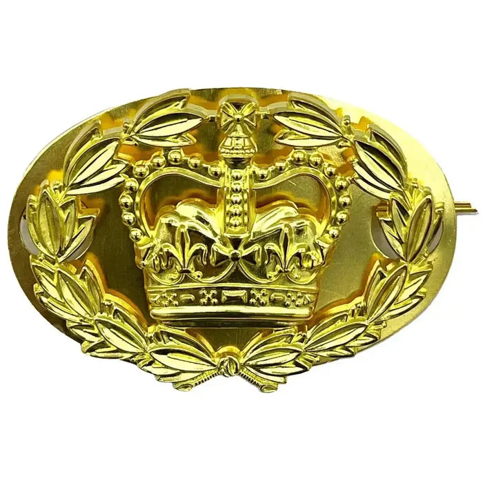 Polished brass British Army RQMS Crown and Laurel insignia, an essential rank accessory for military uniforms with a secure backing plate.  from  John Bull Clothing