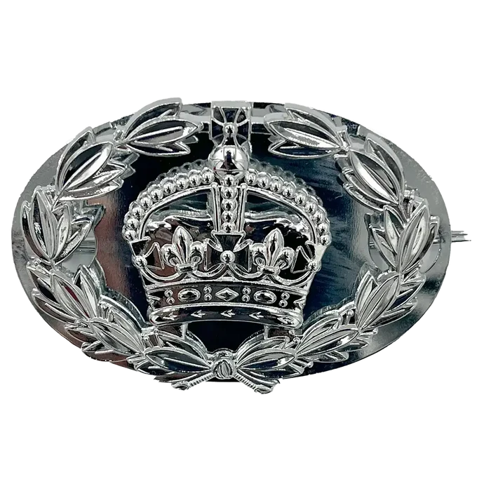 British Army Brass RQMS Crown for Leather Strap with laurel wreath and backing plate, used as rank insignia for Regimental Quartermaster Sergeant. Silver from  John Bull Clothing