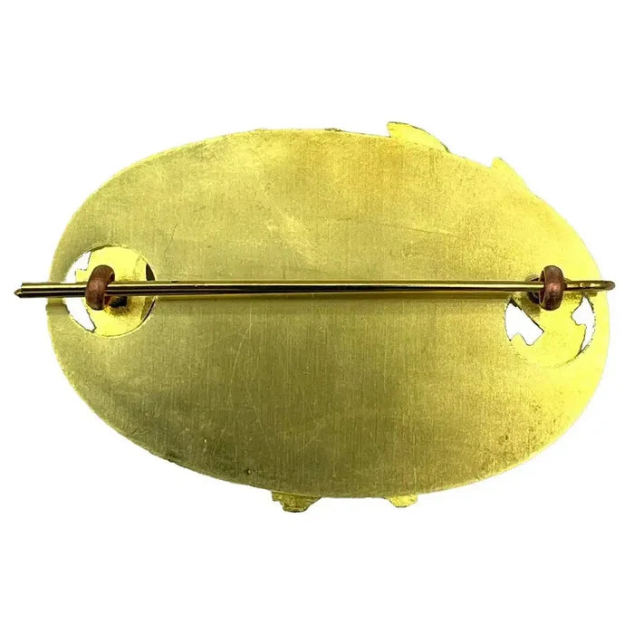 Rear view of the British Army Brass RQMS Crown insignia, showcasing the sturdy backing plate and pin fastening for secure attachment.  from  John Bull Clothing