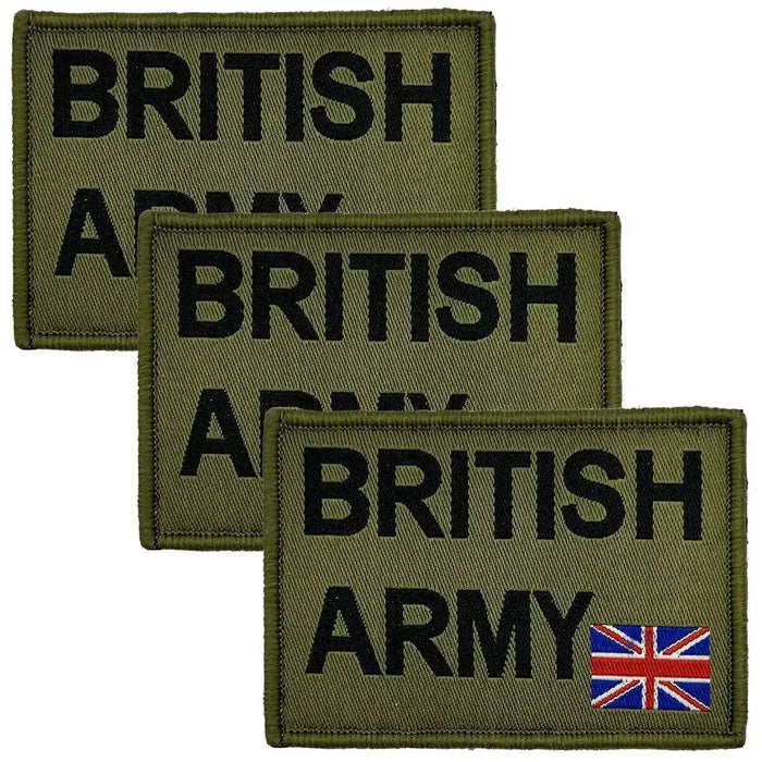 Set of three British Army Patch Hook & Loop Backing badges with olive green base and black text, ideal for military uniforms. 3 Pack from  John Bull Clothing