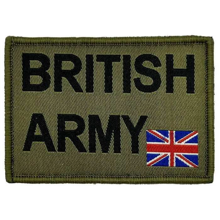 Close-up of British Army Patch Hook & Loop Backing featuring black 'British Army' text and Union Jack flag on olive green fabric. 1 Flash from  John Bull Clothing