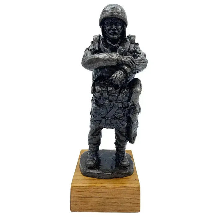 Bronze Resin Airborne Drop Order Statue of a paratrooper in full gear on solid oak base, ideal military decor from John Bull Clothing.  from  John Bull Clothing