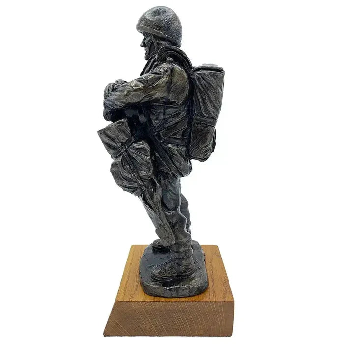Side view of Bronze Resin Airborne Drop Order Statue showing detailed paratrooper equipment and oak base, perfect for army-themed displays.  from  John Bull Clothing