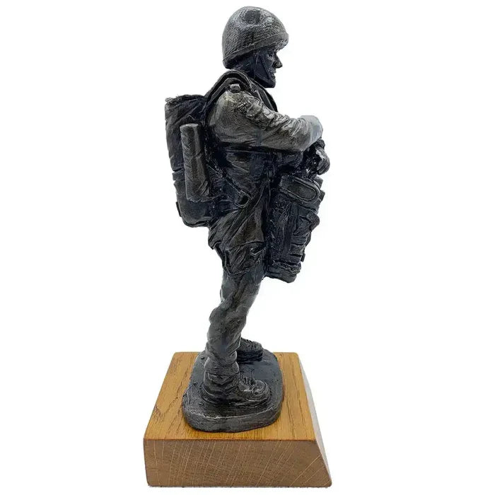 Right side angle of Bronze Resin Airborne Drop Order Statue featuring intricate gear details and sturdy oak base for home or office decor.  from  John Bull Clothing