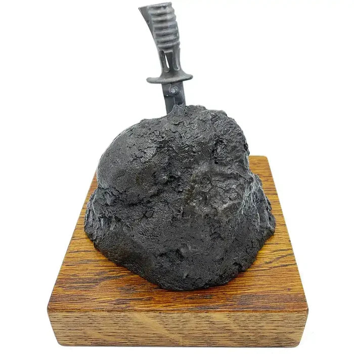 Back angle of Bronze Resin Bayonet in the Rock Presentation statue, highlighting the detailed bronze resin craftsmanship and sturdy oak mount.  from  John Bull Clothing