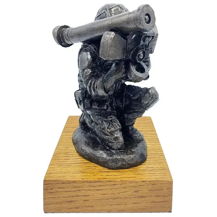Bronze Resin Javelin Operator Military Statue by John Bulls showing a kneeling soldier with anti-tank weapon on wooden base. Ideal for army decor.  from  John Bull Clothing