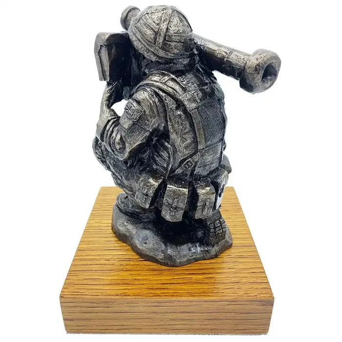 Rear view of Bronze Resin Javelin Operator Military Statue on oak base, showcasing tactical backpack and uniform details for military-themed decor.  from  John Bull Clothing
