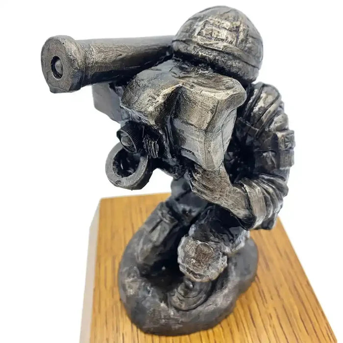 Close-up of Bronze Resin Javelin Operator Military Statue highlighting intricate facial and weapon details, ideal for home or office military art display.  from  John Bull Clothing