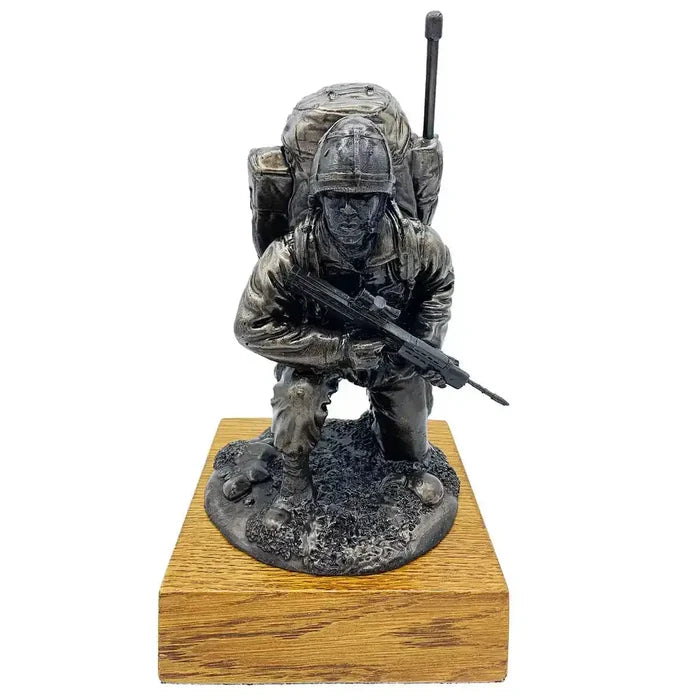 Bronze Resin Kneeling Signaller Statue on oak base, featuring British Army soldier with SA80 rifle and signalling pack | John Bull Clothing  from  John Bull Clothing
