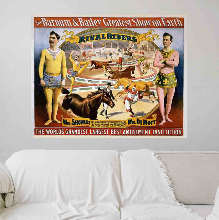 38x48 inch Rival Riders Poster Displayed Above Sofa