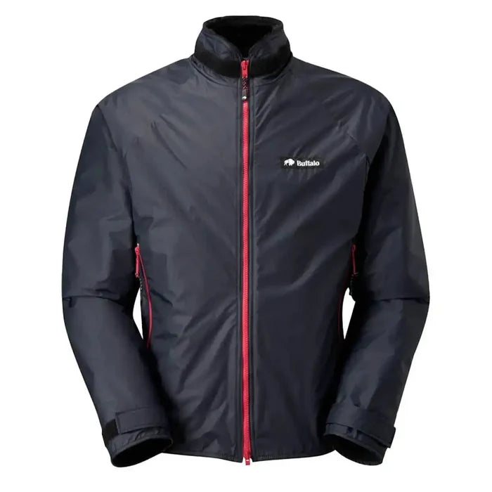 Buffalo Mens Pertex Belay Jacket in black with red zippers, designed for high-performance insulation in extreme outdoor conditions. Black/Red Limited Edition from  John Bull Clothing