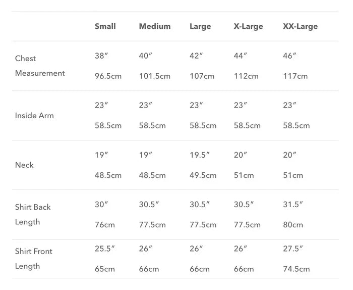 Size chart for Buffalo Mens Windshirt Jacket, detailing chest, arm, neck, and shirt length measurements from Small to XX-Large.  from  John Bull Clothing