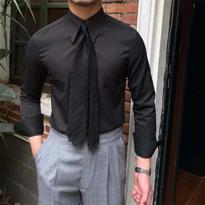 Business collar long sleeve shirt - AntoniosClothing - Black
