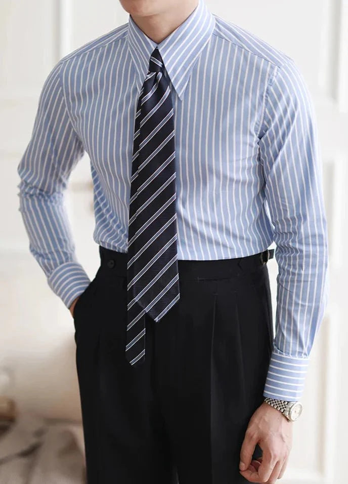 Business slim fit striped italian shirt - AntoniosClothing - Blue