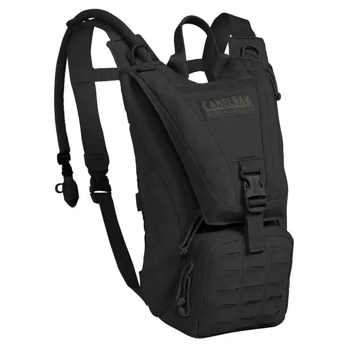 Camelbak Ambush 3L Mil Spec Crux Short Hydration Pack in black, featuring a compact design with MOLLE webbing and a 3L hydration reservoir for rugged missions. Black from  John Bull Clothing