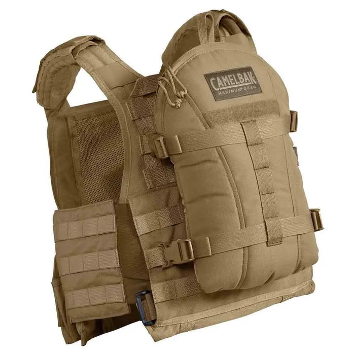 Camelbak Armorbak 3L Mil Spec Crux Short Hydration Pack securely attached to a tactical vest, demonstrating its MOLLE compatibility for military use.  from  John Bull Clothing