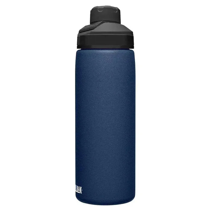 Side view of Camelbak Chute Mag Stainless Steel Water Bottle 600ml in navy blue, showcasing its durable insulated design and secure lid.  from  John Bull Clothing
