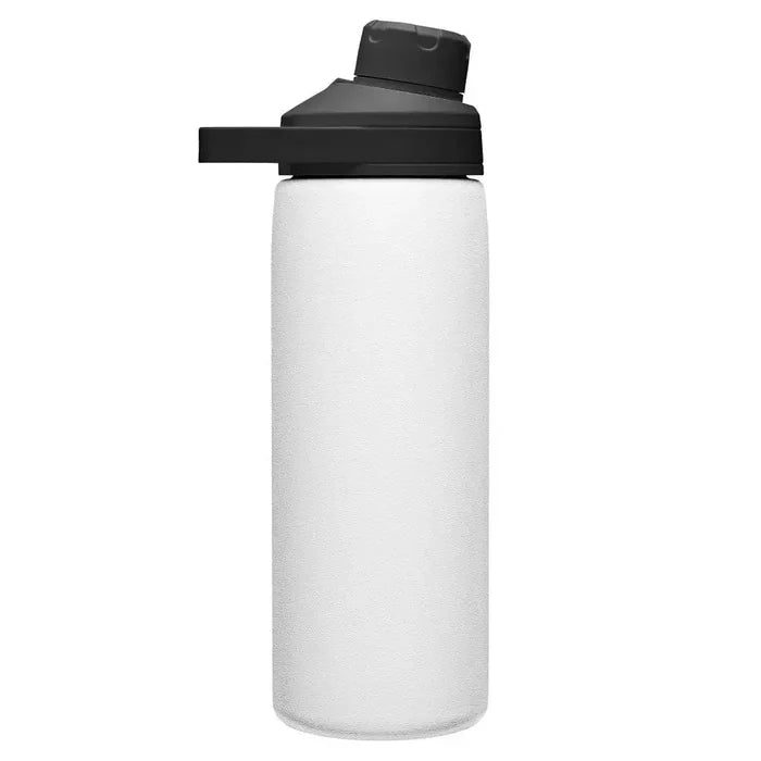 Side profile of Camelbak Chute Mag Stainless Steel Water Bottle 600ml in white, showing the ergonomic handle and magnetic top closure.  from  John Bull Clothing