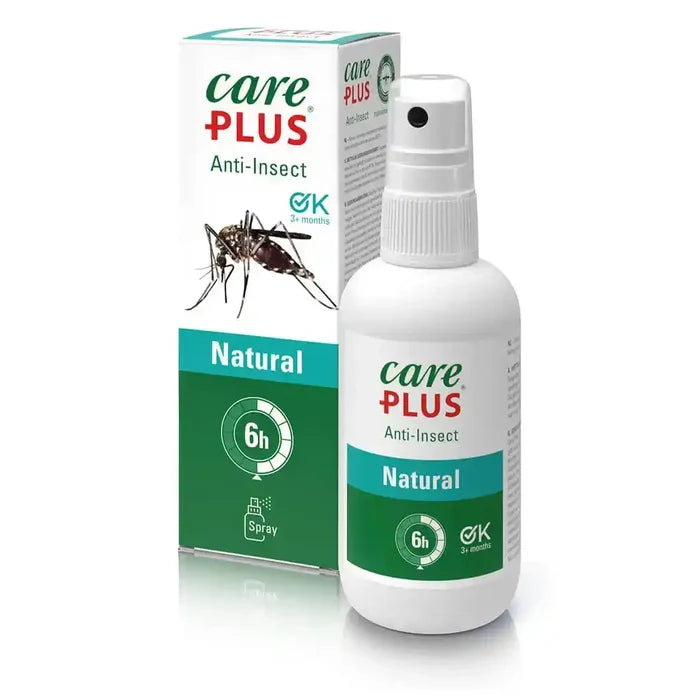Care Plus Natural Anti Insect Spray 100ml with box packaging, featuring 6-hour protection and natural lemon eucalyptus formula.  from  John Bull Clothing