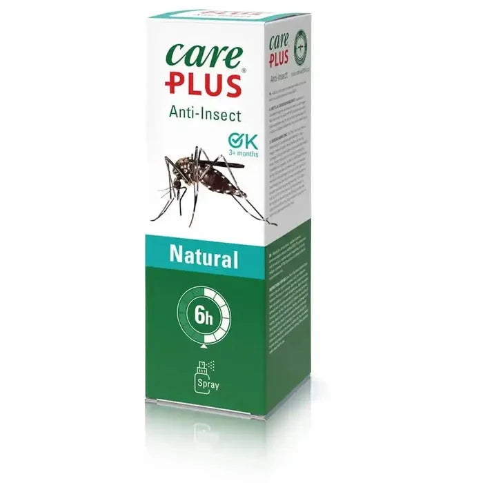Care Plus Natural Anti Insect Spray 100ml retail box showing mosquito graphic and 6-hour natural repellent protection label.  from  John Bull Clothing