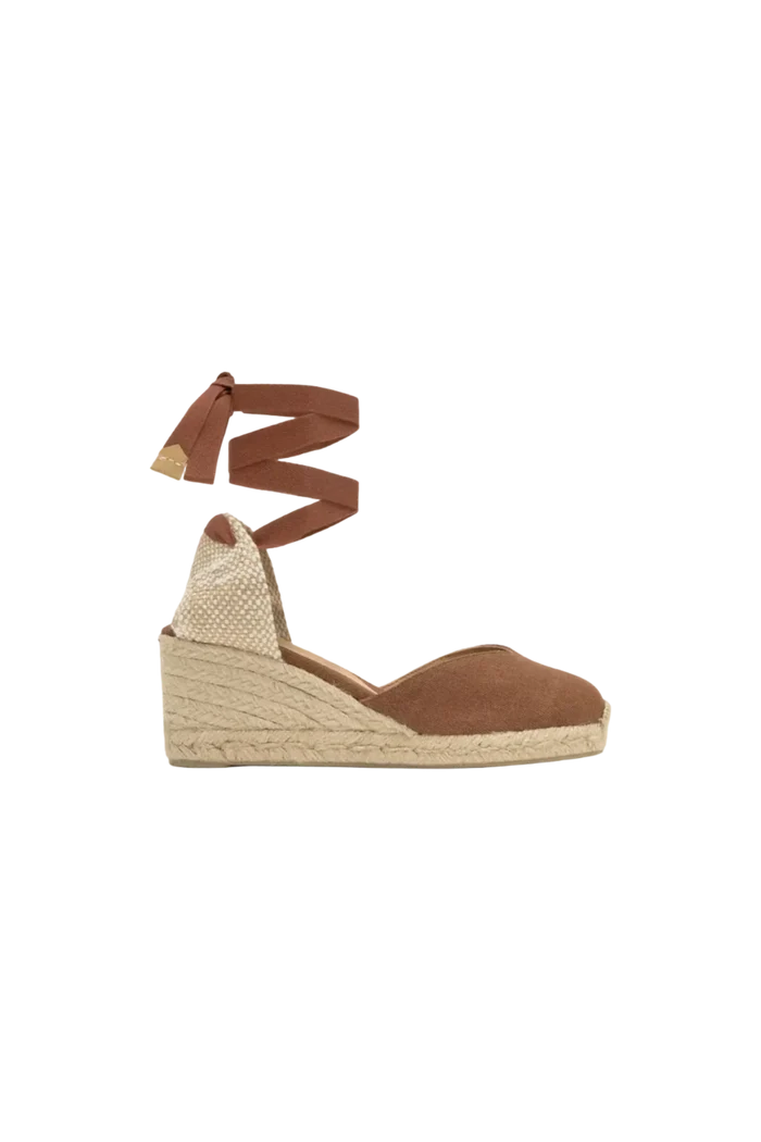 Wrabyn Carina espadrille wedges in pecan canvas with ankle ties and a jute-wrapped heel, side view.