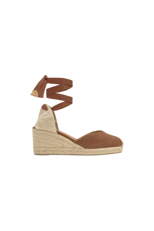 Wrabyn Carina espadrille wedges in pecan canvas with ankle ties and a jute-wrapped heel, side view.