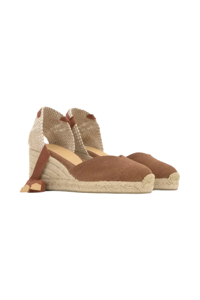 Wrabyn Carina pecan cotton canvas espadrille wedges with jute-wrapped heels and ankle tie closures.