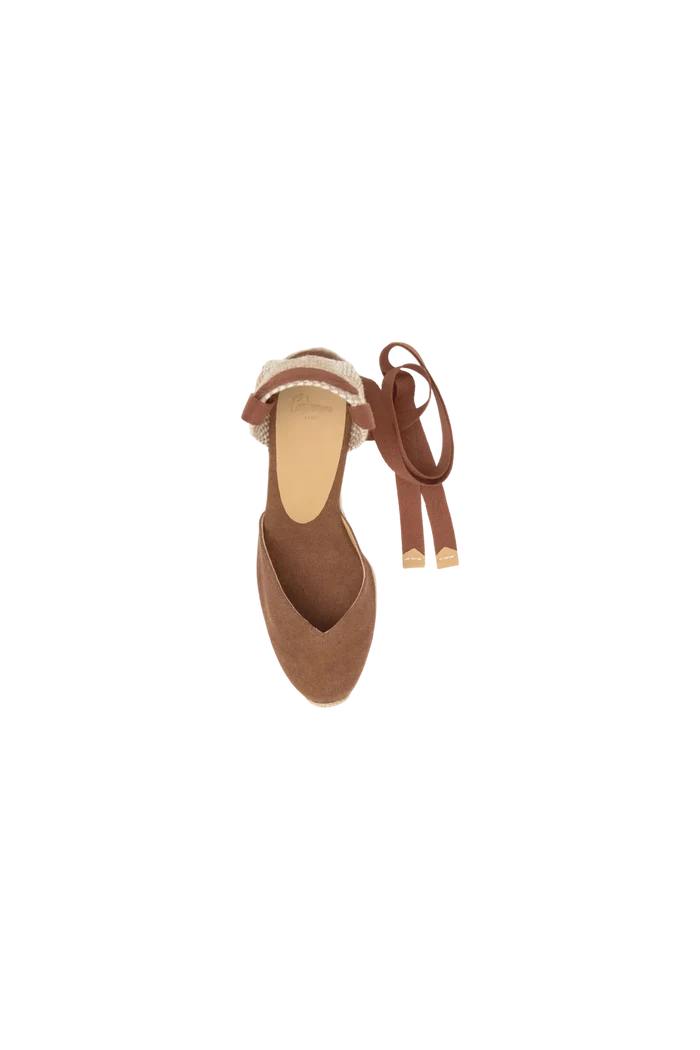 Wrabyn Carina Espadrilles in pecan canvas with ankle ties and a jute-wrapped wedge heel, top-down view.
