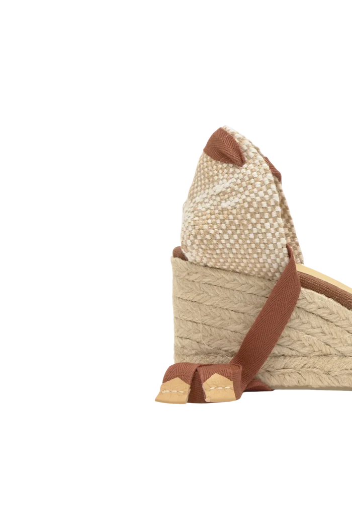 Wrabyn Carina pecan canvas espadrille wedge with jute-wrapped heel and brown ankle tie straps