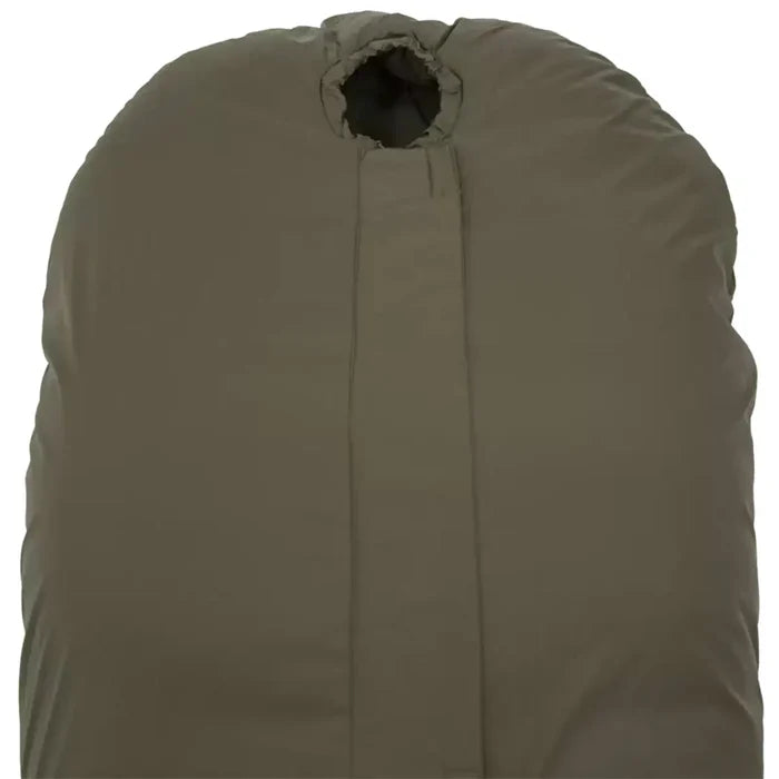 Close-up of the Carinthia Defence 4 Sleeping Bag Olive Green hood section, designed for enhanced head insulation in extreme weather conditions.  from  John Bull Clothing