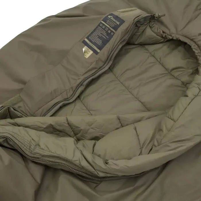 Detailed view of the Carinthia Defence 4 Sleeping Bag Olive Green interior, showing its quilted lining and durable fabric for maximum comfort.  from  John Bull Clothing
