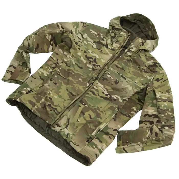 Carinthia TLG Jacket G-Loft Multicam laid flat, displaying its lightweight insulation and functional design for extreme weather conditions.  from  John Bull Clothing