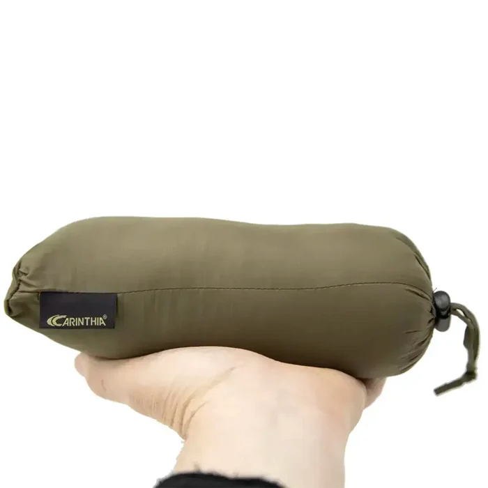 Olive green Carinthia travel pillow with black logo, compact size, soft fabric, ideal for camping and outdoor travel, SKU: JB1629-OG  from  John Bull Clothing
