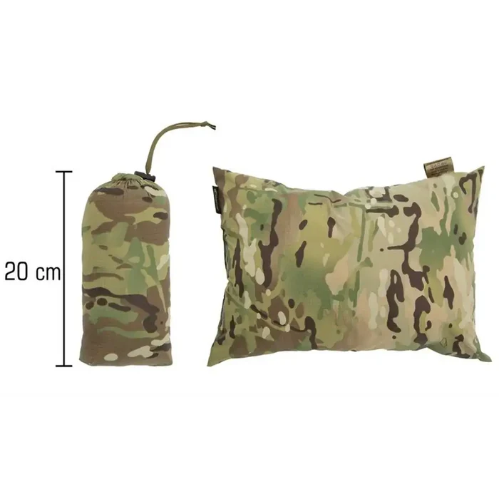 Camo-patterned Carinthia pillow with attached stuff sack, compact and lightweight for outdoor travel, 20cm height, SKU: JB1629-OG  from  John Bull Clothing