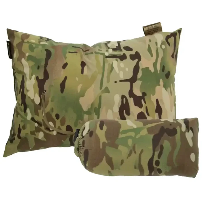 Camouflage travel pillow with G-Loft insulation in green and brown tones, designed for outdoor camping and hiking comfort, SKU: JB1629-OG Multicam from  John Bull Clothing