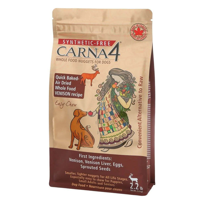 Bag of Carna4 easy chew venison formula for dogs. First ingredients are venison, venison liver, eggs, sprouted seeds