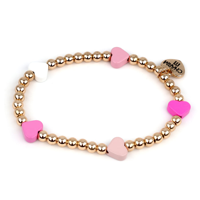 Charm It - Bracelet - Gold Beads with Pink Hearts