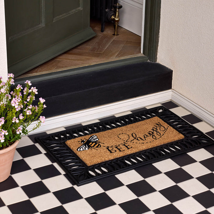 Coir Insert Bee Happy Doormat- made from 100% coconut husk fibres with a latex backing.