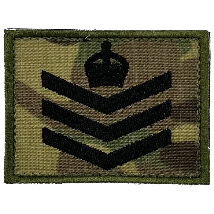Military rank chevron patch with crown emblem on camouflage background Staff Sergeant (Kings Crown) from  John Bull Clothing