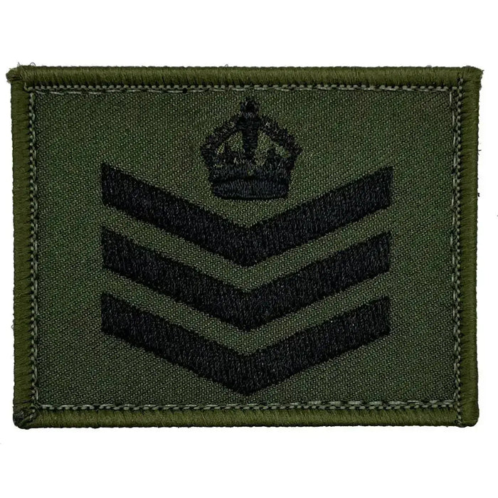 Commando Rank Square in Olive with Black Embroidery - Staff Sergeant with Kings Tudor Crown - Hook & Loop Backing Staff Sergeant (Kings Crown) from  John Bull Clothing
