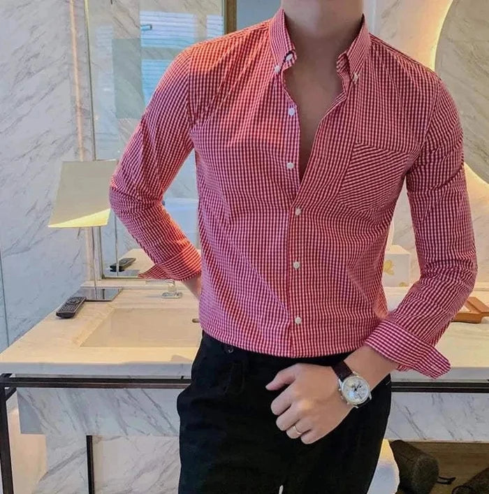 Cotton long sleeve plaid shirt - AntoniosClothing - Red