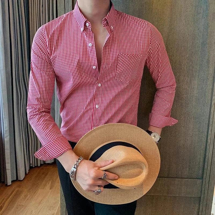 Cotton long sleeve plaid shirt - AntoniosClothing - Red