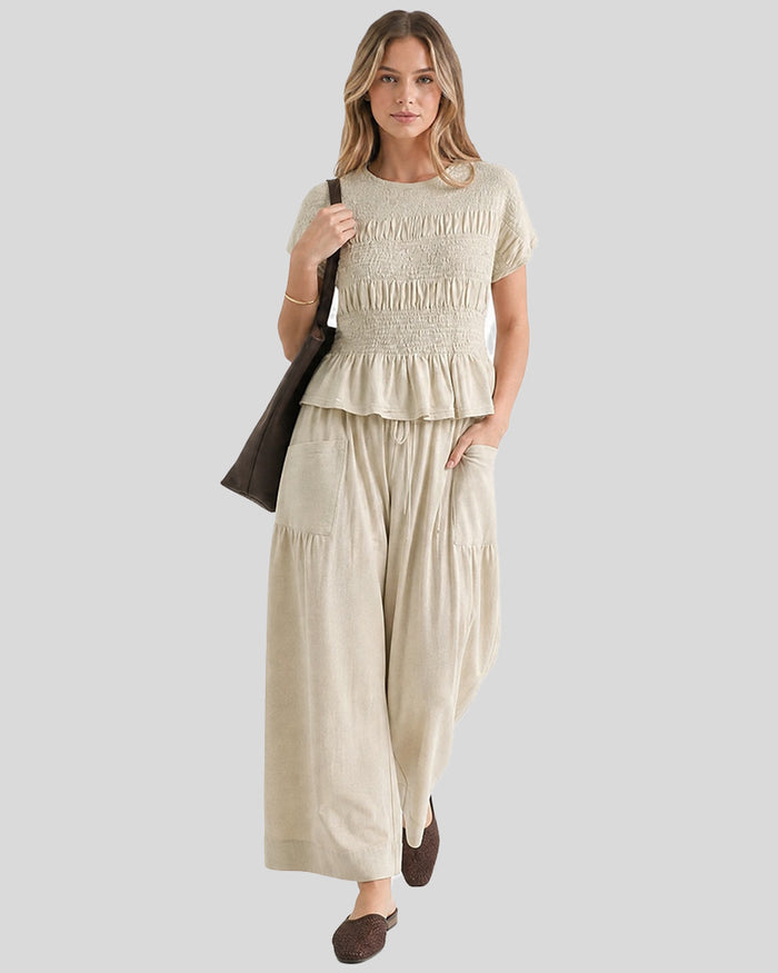Cotton Smocked Top & Wide-Leg Pants Set with Pockets