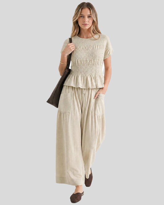 Cotton Smocked Top & Wide-Leg Pants Set with Pockets